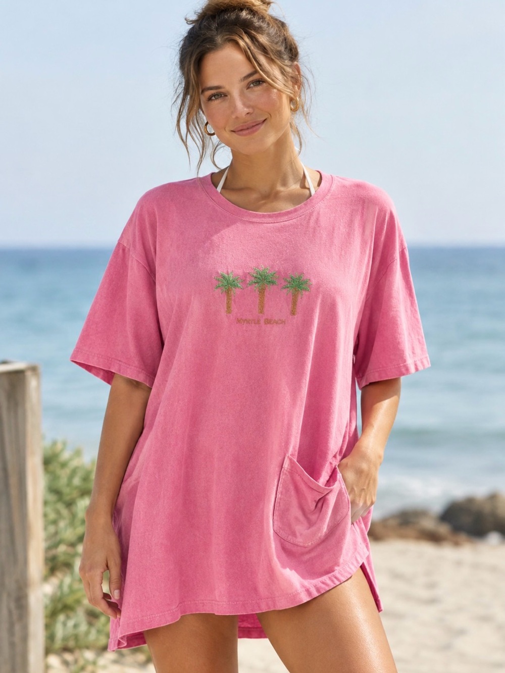 Sherry Pink Miami Beach Palm Tree T-Shirt Dress Coastal Beachy OS Resortwear